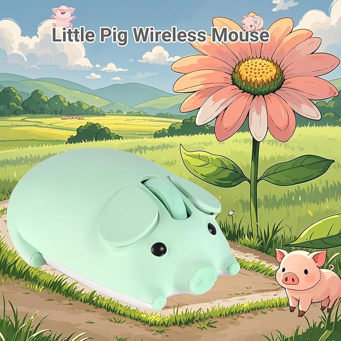 Cute Pig Design Wireless Mouse - Dual Mode Bluetooth &amp USB Silent Operation Ergonomic Ideal for Laptops &amp PCs for Animal Lovers and Family (Green)