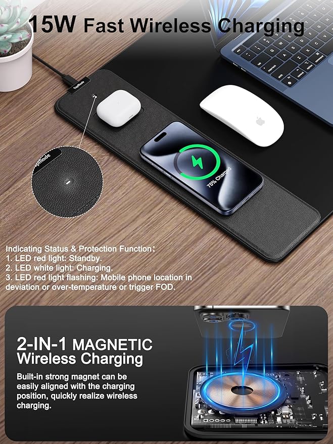 TopMade Mouse Pad with 15W Fast Wireless Charging 31.5x15.75 XXL Large Gaming Mousepad Waterproof Desk Pad Computer Desk Mat Black(Includes 20W PD Power Adapter &amp 6.56ft Woven Cable)