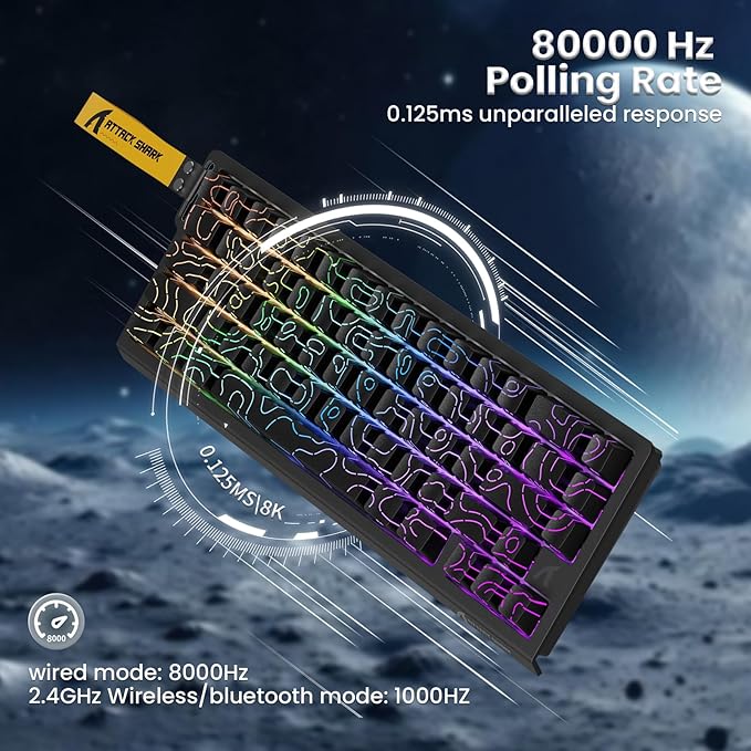ATTACK SHARK X68PRO HE Rapid Trigger Wireless Keyboard 0.01mm RT Accuracy 8000Hz Wired Gaming Keyboard Adjustable Actuation Snap Tap RGB Backlit Magnetic Switch C01 Coiled Cable -Black