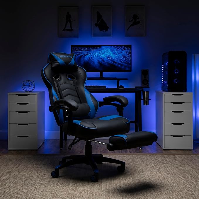 RESPAWN 110 Ergonomic Gaming Chair with Footrest Recliner - Racing Style High Back PC Computer Desk Office Chair - 360 Swivel Adjustable Lumbar Support Headrest Pillow Padded Armrests - 2019 Blue