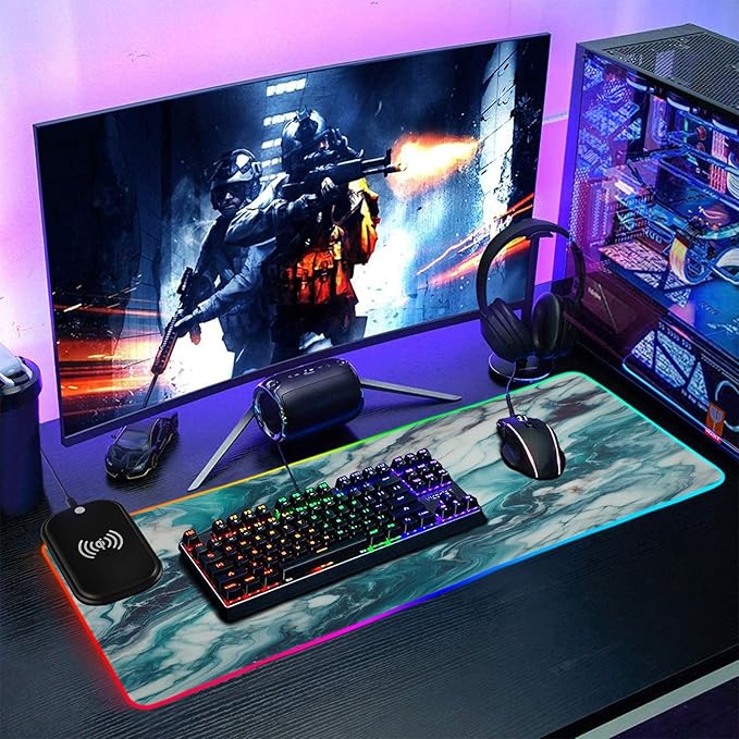 Turquoise Blue Marble Gaming Mouse Pad Led Mousepads RGB Backlit with 14 Lighting Modes Non Slip Base Soft Computer Keyboard Mat for Gaming PC Laptop Desk S