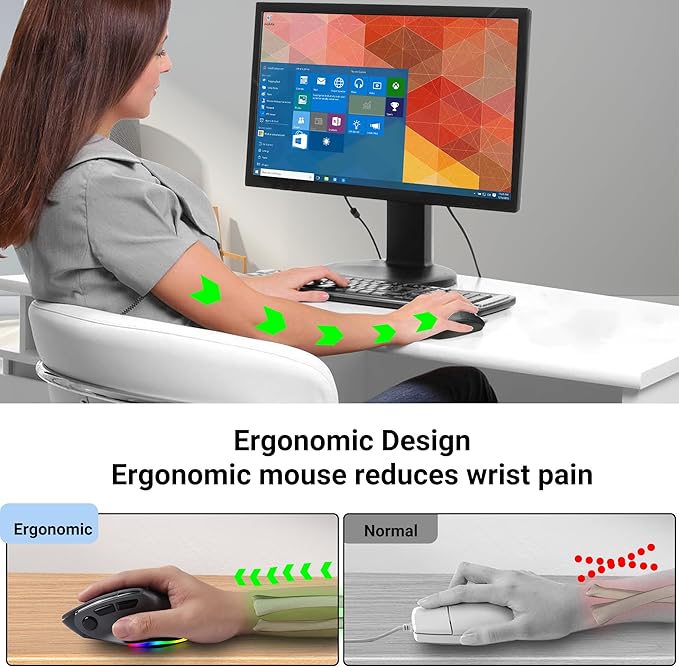 Ergonomic MouseBluetooth Vertical Wireless MouseLED Rechargeable Optical Computer Mice Portable(BT5.2 or USB 2.4GHz) Dual Mode1000/1600/2400 DPI8 Buttons for LaptopDesktopPCMacbook (grey)
