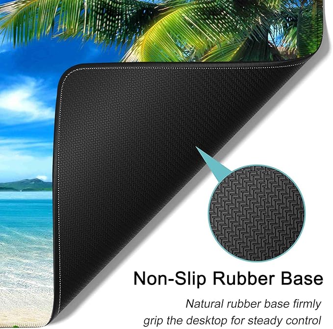 Desk Pad Extended Large Mouse Pad with Stitched Edges (31.5X11.8In) Ergonomic Mouse Wrist Rest Waterproof Computer Keyboard Mouse Mat Coconut Trees on Sands Beach Seascape XXL Gaming Mouse Pad