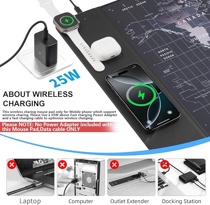 Wireless Charging Mouse Pad 15W Waterproof Gaming Mousepad with Ultra-Smooth Surface Non-Slip Base XXL Large Desk Mat 90 x 40cmBlack World Map Computer Desk Pad for MacBook PC Laptop