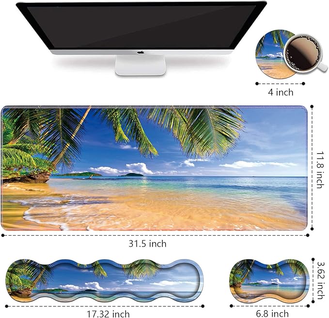 Ergonomic Keyboard Wrist Rest &amp Mouse Pad Wrist Rest Set Large XXL Gaming Desk Mat 31.5x 11.8 Non-Slip Base Memory Foam Easy Typing Pain Relief for Office &amp Home Shore Palms Tropical Be