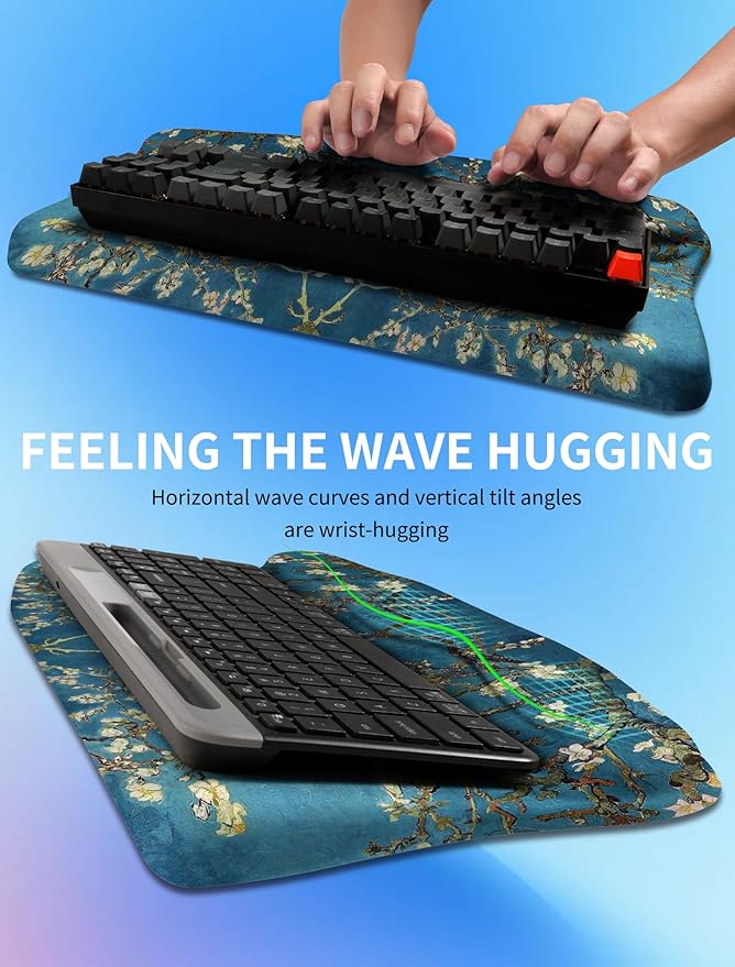 Ergonomic Wave Wrist Rest with Keyboard Stand Cushioned Palm Rest Comfortable Integrated Memory Foam for Natural Typing and Relieve Wrist Pain Van Gogh Apricot Blossom