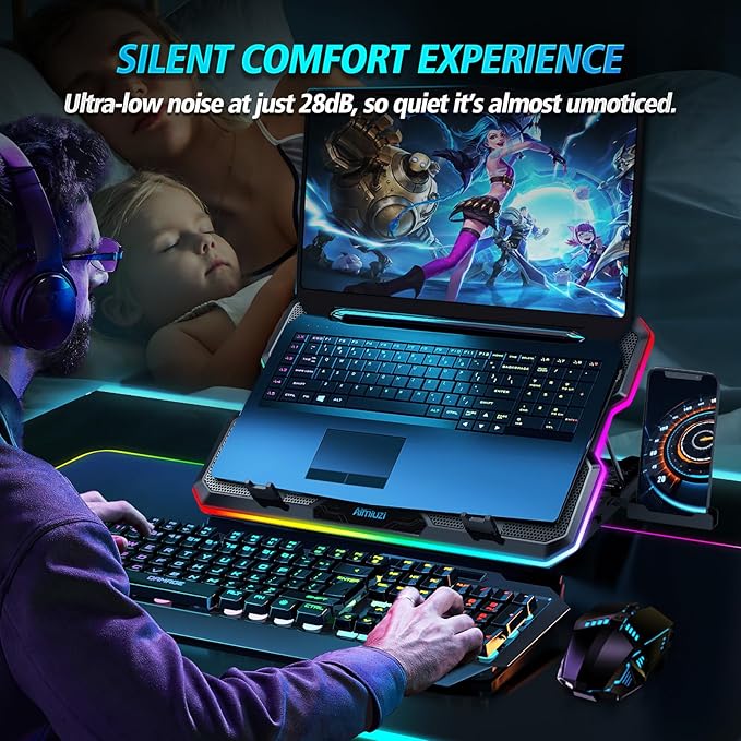 Gaming Laptop Cooling Pad Laptop Cooler with 15 Quiet Fans for 12-17.3 Inch Notebook Slim Portable Laptop Cooling Stand with 7 Height Adjustable 2 USB Ports Phone Stand