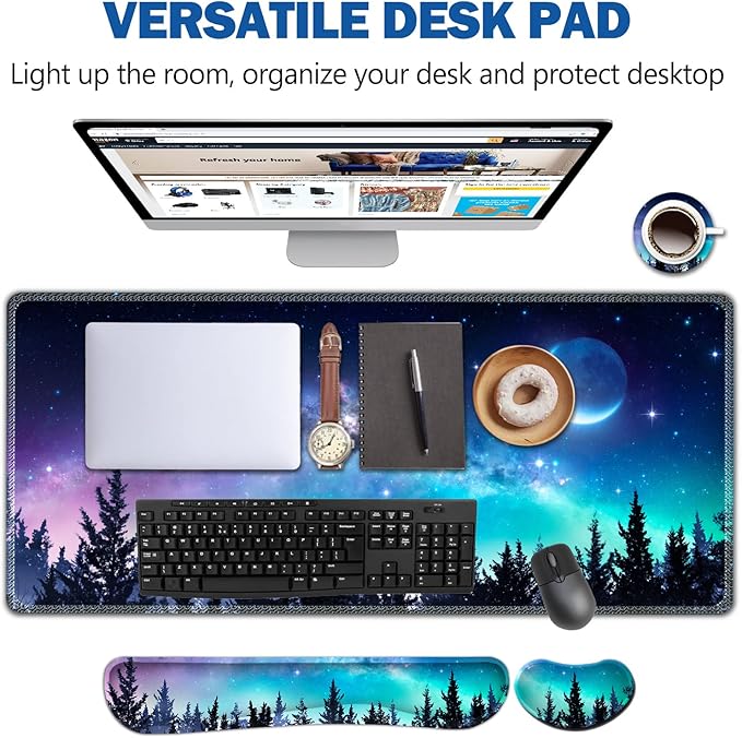 AIMSA Large Gaming Mouse Pad Set Keyboard Wrist Rest Support + Extended Mouse Pad + Mouse Wrist Cushion + Coaster Ergonomic Memory Foam Multifunctional Desk Mat 35x15.7inch (Forest Moon Sky)