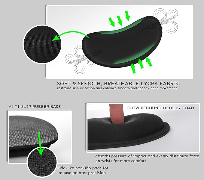iFine Upgrade Enlarged Smooth Fabric Memory Foam Keyboard Mouse Wrist Rest Pad Cushion Support for Computer Laptop Mac Office or Home for Pain Stress-Free Typing - Black with Free 3 Cable Organizers