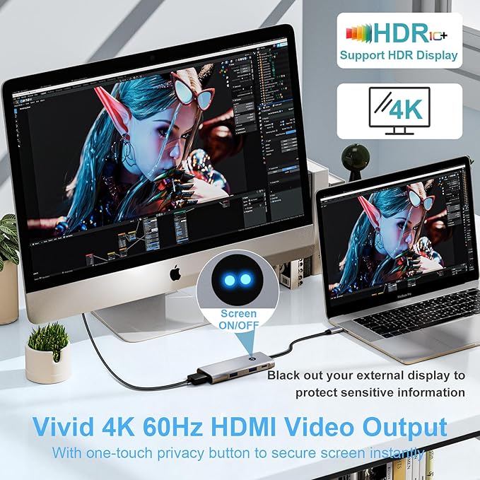 USB C Hub 6-in-1 with 4K@60Hz HDMI 2 USB-C &amp 2 USB-A 10Gbps Ports Privacy Button 100W PD – Dual USB C Dongle for Mac Laptops Tablets Windows Laptops and More USB-C Devices