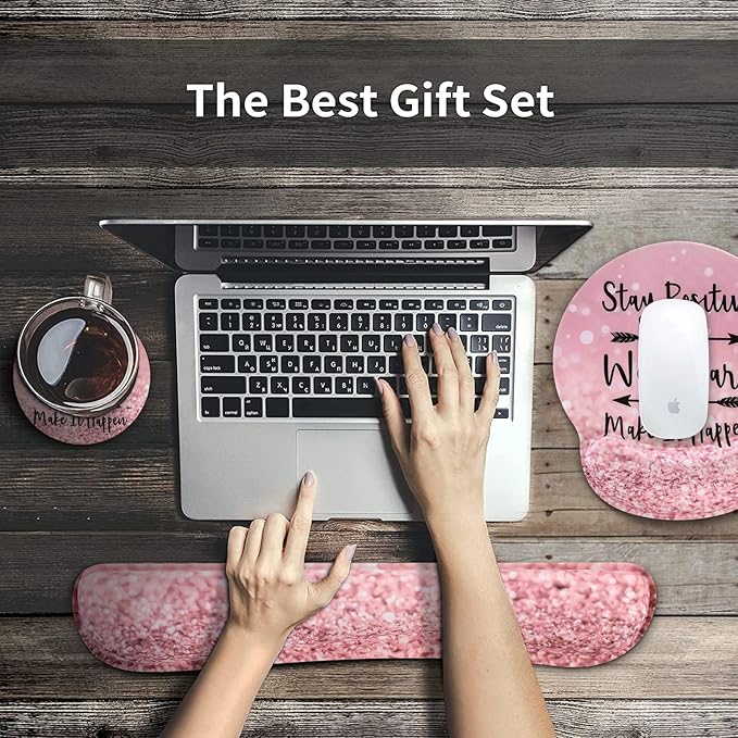 iCasso Mouse PadLarge Pink Desk Mat Set 4in1 XXL Mousepad + Keyboard Wrist Rest+Mouse Wrist Rest+Coaster with Ergonomic Desk Pad for Home Office Table Computer Cover -Pink Stay Positive