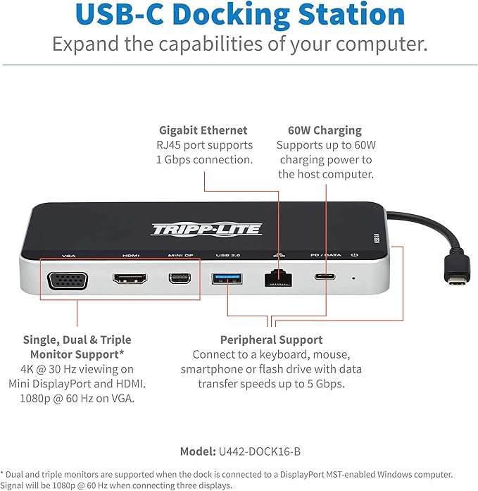 Tripp Lite USB-C Dock 3 Monitor Display USB Type C Hub Adds 4K HDMI mDP VGA USB 3.2 Gen 1 USB-A USB-C GbE 60W PD Charging Black (U442-DOCK16-B)