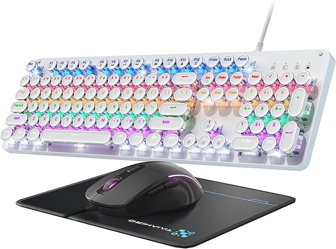 Typewriter Mechanical Gaming Keyboard and Mouse Metal Panel Retro Keyboards with Round Keycap Blue Switch Rainbow LED Backlit 104-Key Anti-Ghost Wired Mouse and Pad Combo for PC Laptop Mac Gamer