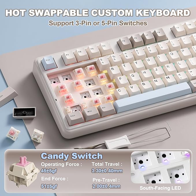 YUNZII B98 PRO QMK/VIA Wireless Mechanical Gaming Keyboard 96% Layout with Numpad and Cute Cat Knob BT/2.4G/USB-C Pre-Lubed Switch Hot Swap Gasket RGB for Win/Mac (Beige Candy Linear Switch)