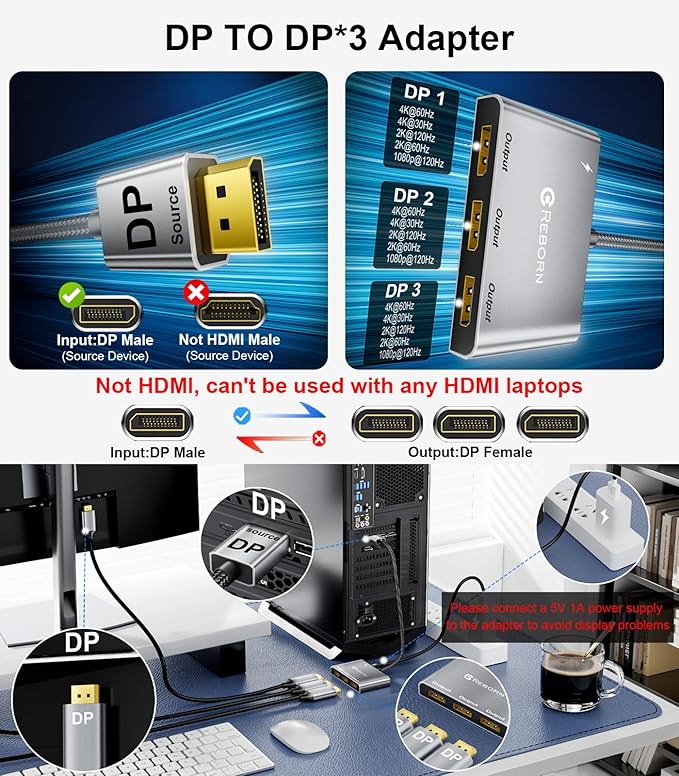 Reborn DisplayPort Splitter for 3 Monitors Adapter 4K@60Hz DP Splitter Extended Display 1 in 3 Out MST Hub for Multiple Monitor Compatible with PCNVIDIA/AMD Graphic Card