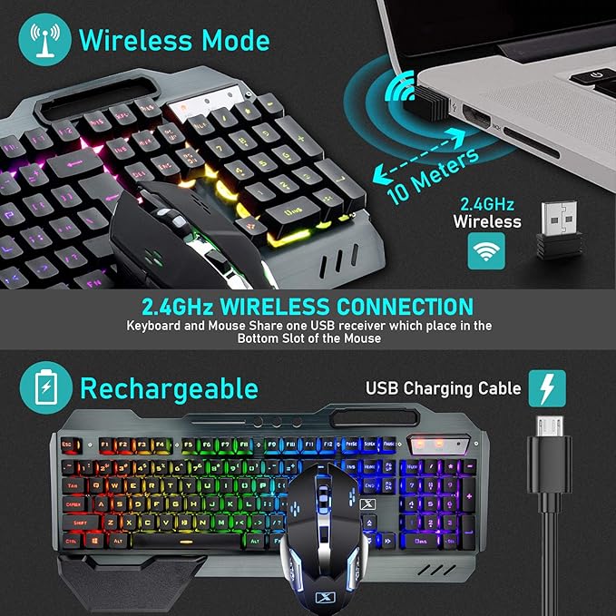 Wireless Gaming Keyboard and Mouse with Rainbow LED 16RGB Backlit Rechargeable 4800mAh Battery Metal Panel Mechanical Ergonomic Feel Waterproof Dustproof 7 Color Mute Mice for Laptop PC Gamer(Black)