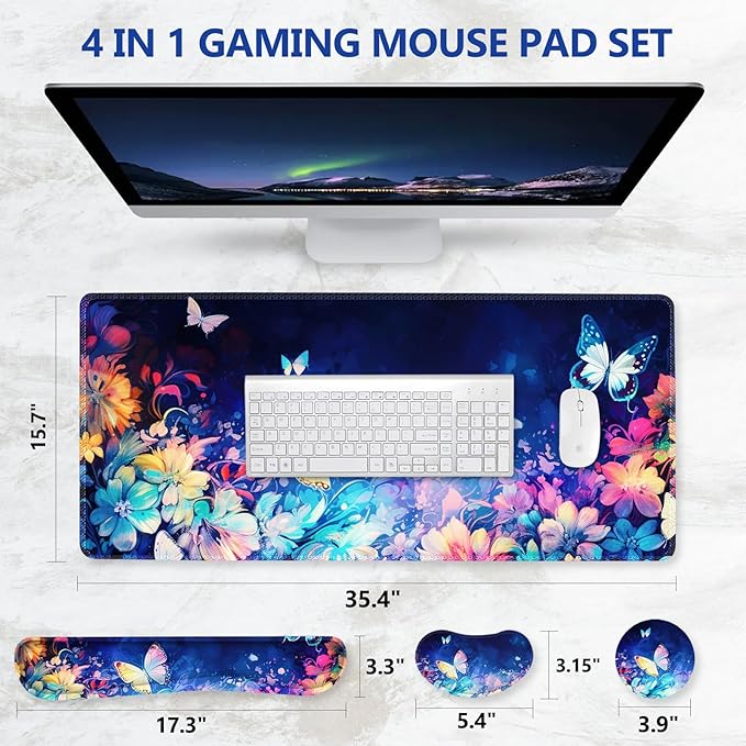DINKY Keyboard Mouse Pad Set Large Gaming Mousepad + Memory Foam Ergonomic Keyboard Wrist Rest Support Easy Typing Pain Relief 4Pcs (35.4 x 15.7) Extended Desk Mat-Butterflies