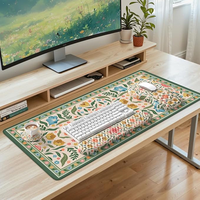 Computer Mat and Mouse Pad SetFloral Aesthetic Wrist Rest for Keyboard and Mouse with Coaster Non-Slip Desk Protector Work from Home(Green and Pink)
