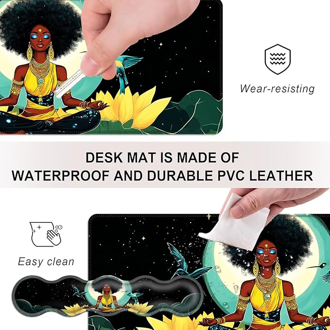 Mouse PadLarge Desk Mat Set 4in1 XL Mousepad + Keyboard Wrist Rest+Mouse Wrist Rest+Coaster with Ergonomic Desk Pad for Home Office Table Computer Cover -Woman on Lotus