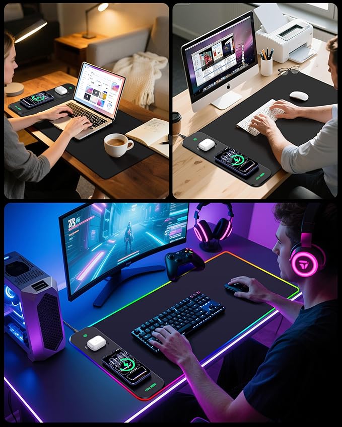3-in-1 RGB Gaming Mouse Pad with Magnetic Wireless Charging 31.5x15.8 Large 24 Light Effects Non-Slip Base Waterproof Ultra-Smooth Surface with Adapter
