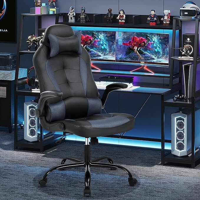 Gaming Chair High Back Computer Chair Egonomic Office Chair PU Leather Video Game Chairs Swivel Executive Chairwith Flip Up Arm Headrest Racing Chairs Rolling Chair for Adults Grey