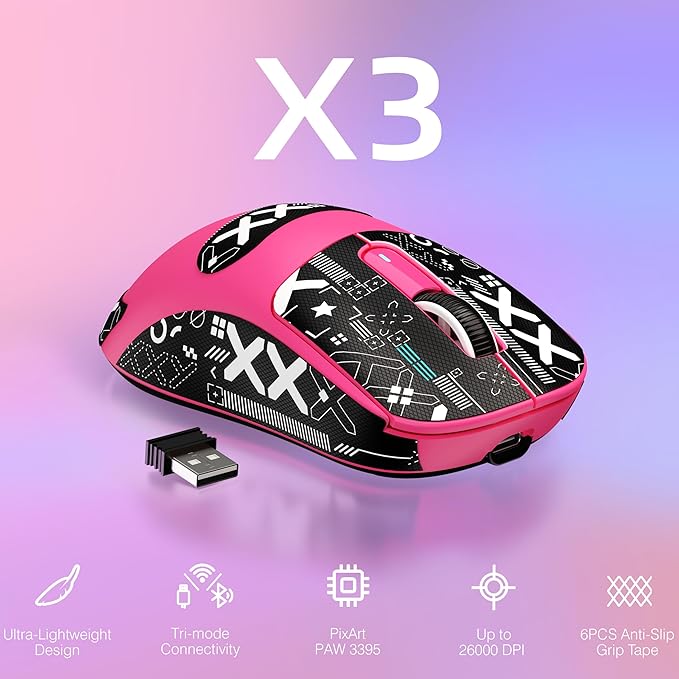 MANBASNAKE × ATTACK SHARK X3 Wireless Gaming Mouse 49g Lightweight Triple Mode Ergonomic Computer Mouse PAW3395 26K DPI Sensor200h Battery Life Griptape Programmable Buttons for PC/Mac/Win (Berry)