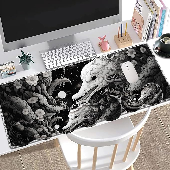 Large Gaming Mouse Pad + Keyboard Wrist Rest + Wrist Support + Coaster Set Memory Foam Ergonomic for Easy Typing XXL Extended Gaming Mouse Pad Table Pad - Black Snake