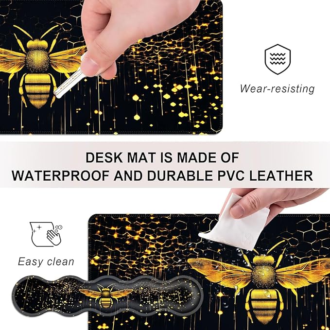 Mouse PadLarge Desk Mat Set 4in1 XL Mousepad + Keyboard Wrist Rest+Mouse Wrist Rest+Coaster with Ergonomic Desk Pad for Home Office Table Computer Cover -Glowing Bee and Honeycomb