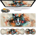 Large Gaming Mouse Pad Keyboard Wrist Rest Pad + Mouse Wrist Pad + Coaster 4 in 1 Set Extended Waterproof Non-Slip Desk Mat Suitable for Office Home Learning Games Artistic Cat Face