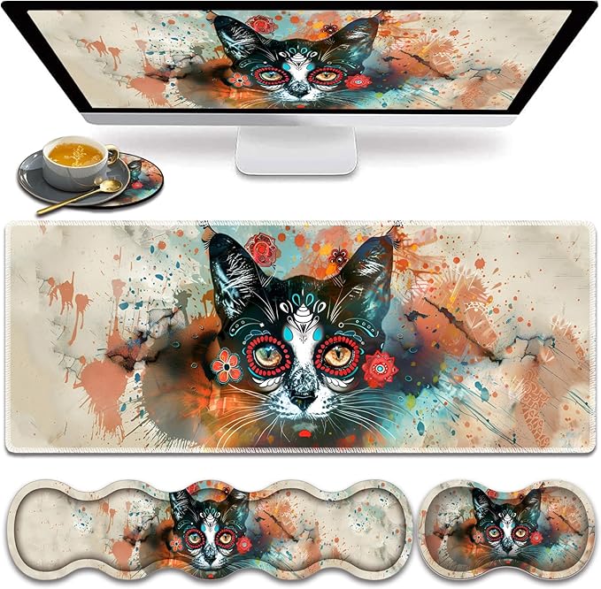 Large Gaming Mouse Pad Keyboard Wrist Rest Pad + Mouse Wrist Pad + Coaster 4 in 1 Set Extended Waterproof Non-Slip Desk Mat Suitable for Office Home Learning Games Artistic Cat Face