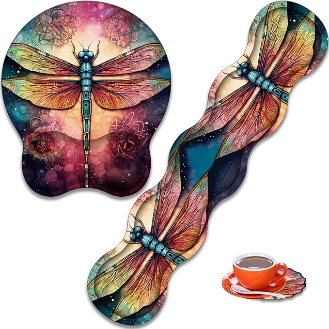 Mouse Wrist Rest and Keyboard Wrist Rest Pad+ Coaster Set Non-Slip Rubber Base Smooth Surface Ergonomic Gaming Mouse Pad for Easy Typing and Pain Relief Mandala Dragonfly