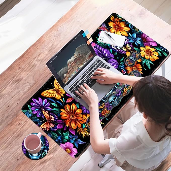 Mouse PadLarge Desk Mat Set 4in1 XL Mousepad + Keyboard Wrist Rest+Mouse Wrist Rest+Coaster with Ergonomic Desk Pad for Home Office Table Computer Cover -Skull with Flowers and Butterflies