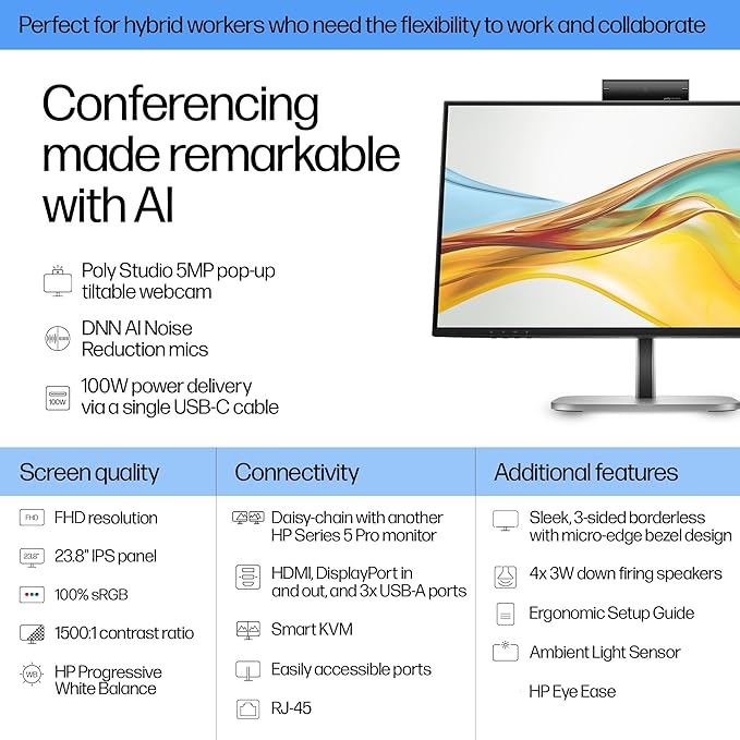 HP Series 5 Pro 24 FHD IPS Monitor with 5ms Response Time Anti-Glare Flicker Free 350 nits Brightness VESA Mount (100mm) Displayport HDMI &amp Dockztorm USB Port Expander Black/Silver