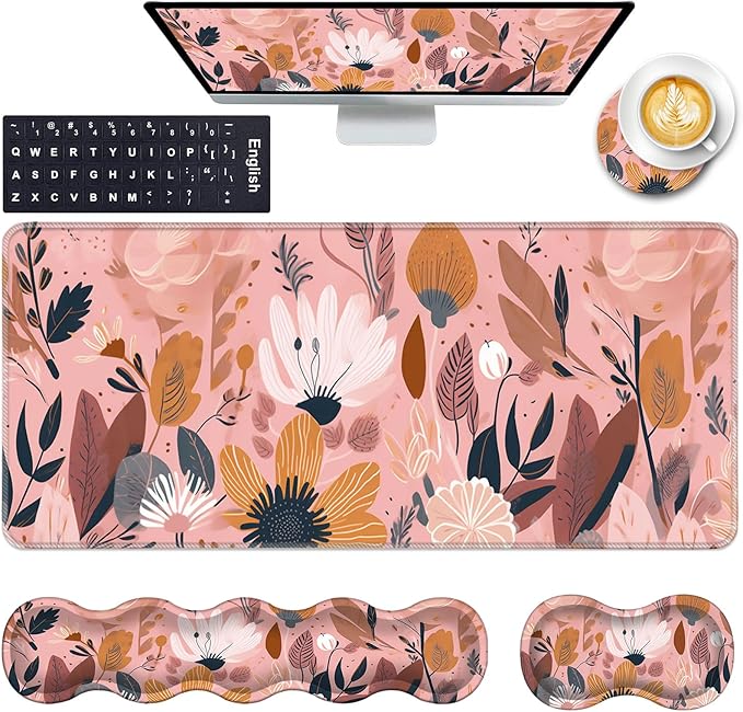 Keyboard Wrist Rest and Mouse Pad with Wrist Support Set Ergonomic CoasterMemory FoamEasy Typing Pain ReliefLarge XL Desk Mat 31.5x 11.8Pink Floral