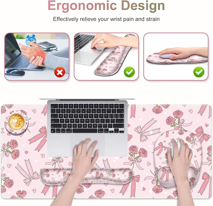 Pink Mouse Pad with Wrist Support 4 in1 Set XXL Big Game Mousepad + Keyboard Wrist Rest + Mouse Wrist Rest Pad +Coaster Gaming Mat for Home Office Work Computer Laptop PC I Sweet Rose &amp Heart Bow