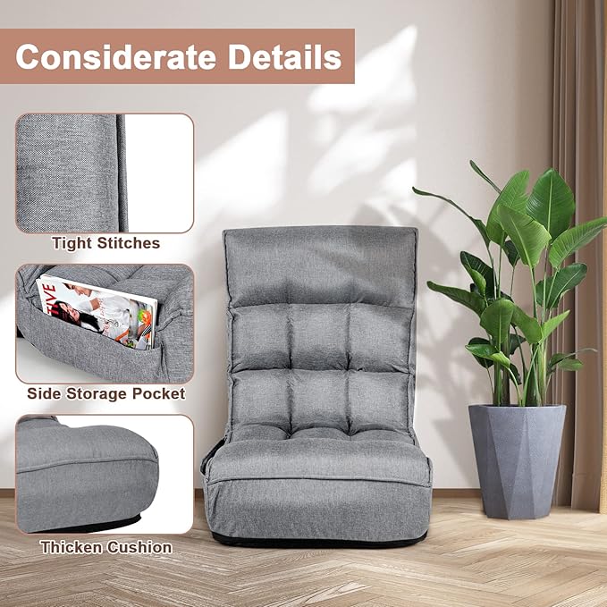 MAT EXPERT Folding Floor Chair Floor Gaming Chair w/ 4-Position Backrest 5-Position Adjustable Headrest Side Pocket Indoor Floor Chair w/Back Support for Bedroom Living Room (Grey)