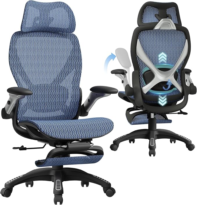 ELABEST X100 Ergonomic Office Chair with Footrest Big and Tall Home Desk Chair with 5D Flip-Up Arms Adjustable 3D Lumbar SupportHigh Back Rolling Computer Chair Swivel Mesh Chairs (Oaxaca Blue)