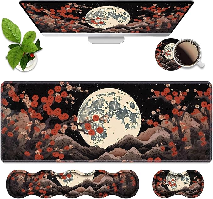 4 in 1 Ergonomic Memory Foam Mouse Pad Wrist Rest Set Large XXL Gaming Desk Pad + Keyboard Wrist Rest + Mouse Wrist Cushion + Coaster for Home Office Study Gaming Moon Peak Flowers