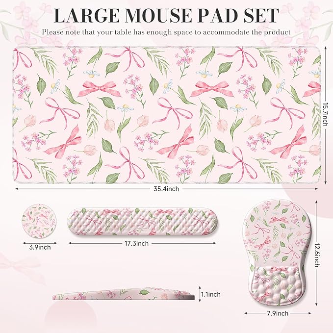 Keyboard Wrist Rest and Mouse pad SetBow Desk Cover matPink Mouse pad with Wrist Rest with Coaster for OfficeNon Slip mat for Women Must Stuff Accessories
