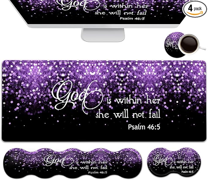 Black Gaming Mouse Pad Extended Large Mouse Pads Ergonomic Memory Foam Keyboard Wrist Rest Support &amp Non-Slip Mouse Wrist Rest for Laptop Desk Writing Pad Purple Glitter Psalm 46:5 Office Desk M