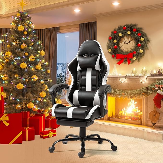 ECOTOUGE Massage Gaming Chair Video Game Chair with Footrest Ergonomic Computer Chair with Headrest and Massage Lumbar Support Height Adjustable High Back Office Desk Chair with 360° Swivel White