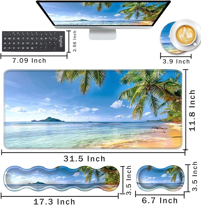 Keyboard Wrist Rest and Mouse Pad with Wrist Support Set Ergonomic CoasterMemory FoamEasy Typing Pain ReliefLarge XL Desk Mat 31.5x 11.8Shore Palms Tropical Beach