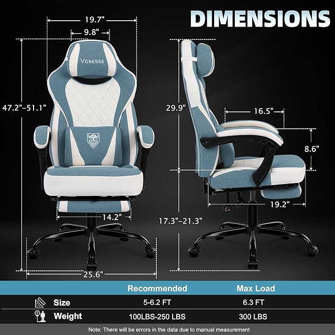 Vonesse Gaming Chair Reclining Fabric Gaming Chairs for Adults 250LBS Office Chair with Pocket Spring Cushion Computer Chair with Footrest and Massage Lumbar Support (Blue)