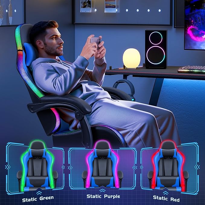 Furmax Gaming Chair with RGB LED Lights Video Game Chair with Footrest and Massage Lumbar Support High Back Reclining Computer Chair with Headrest Swivel Seat Gamer Chair (LED Blue)