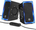 GOgroove Gaming Computer Speakers with Blue LED Light - SonaVERSE O2i Speakers for Desktop Laptop PC - USB Speaker 2.0 with AUX Input in-Line Volume Control Bass Stereo Sound 14W (Black)