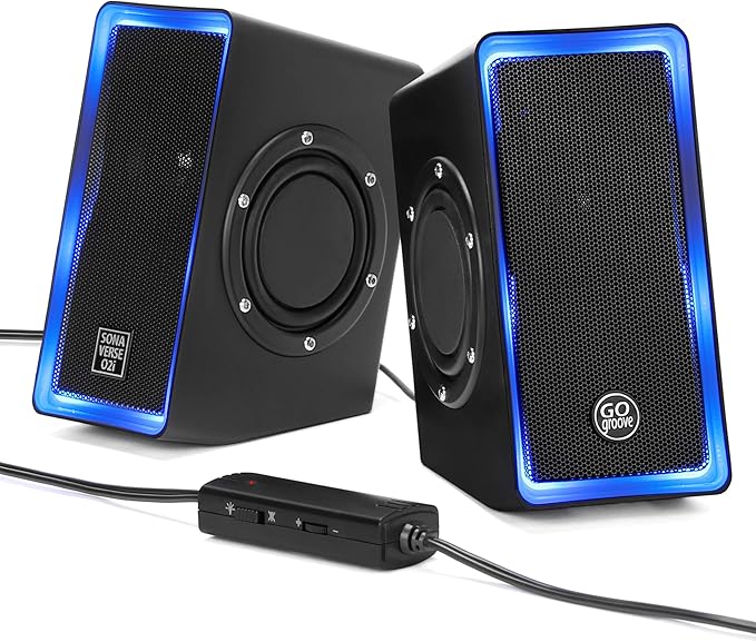 GOgroove Gaming Computer Speakers with Blue LED Light - SonaVERSE O2i Speakers for Desktop Laptop PC - USB Speaker 2.0 with AUX Input in-Line Volume Control Bass Stereo Sound 14W (Black)