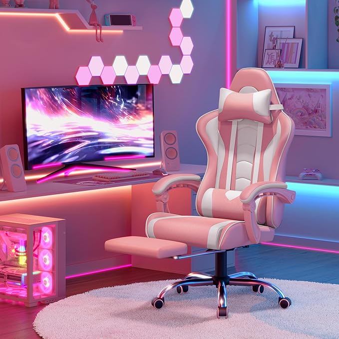 Yaheetech Gaming Chair Video Game Chair with Massage Lumbar Support and Footrest Height Adjustable Ergonomic Computer Chair with Swivel Seat and Headrest Pink/White