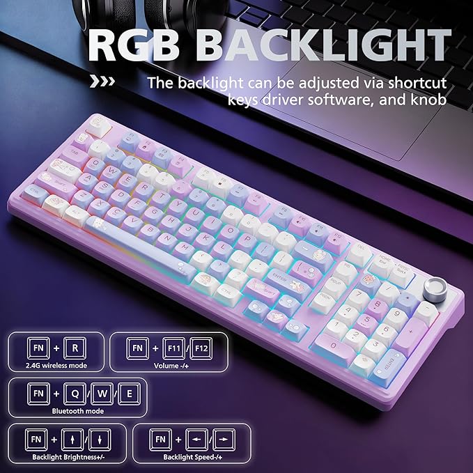 F98 Wireless Mechanical Keyboard with Knob Thocky Creamy Keyboard with Number pad Hot Swappable RGB Backlit Keyboard BT 5.0/2.4G/USB-C for Mac Laptop &amp PC Gaming Keyboards Pink