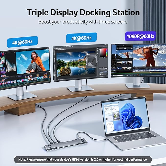 Acer Docking Station 3 Monitors 11-in-1 Laptop Docking Station Stand with DP 8K + Dual HDMI 4K@60Hz Ethernet 10Gbps Data 100W PD SD/TF USB C Dock with Detachable Cable for Acer/Dell/Mac/HP