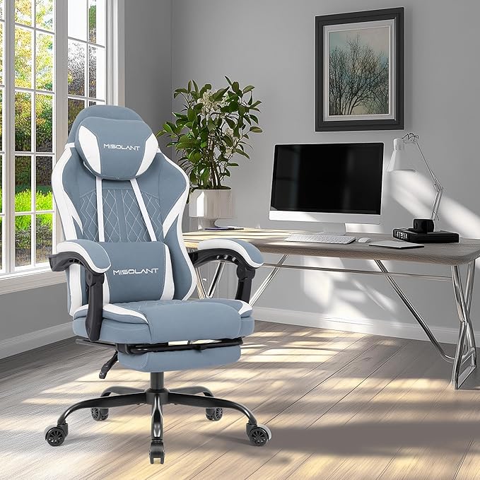 Misolant Gaming Chair Fabric Gamer Chair with footrest for Adults High Back Ergonomic Computer Game Chair with Adjustable Headrest and Massage Lumbar Support 90-155° Recline Free Blue